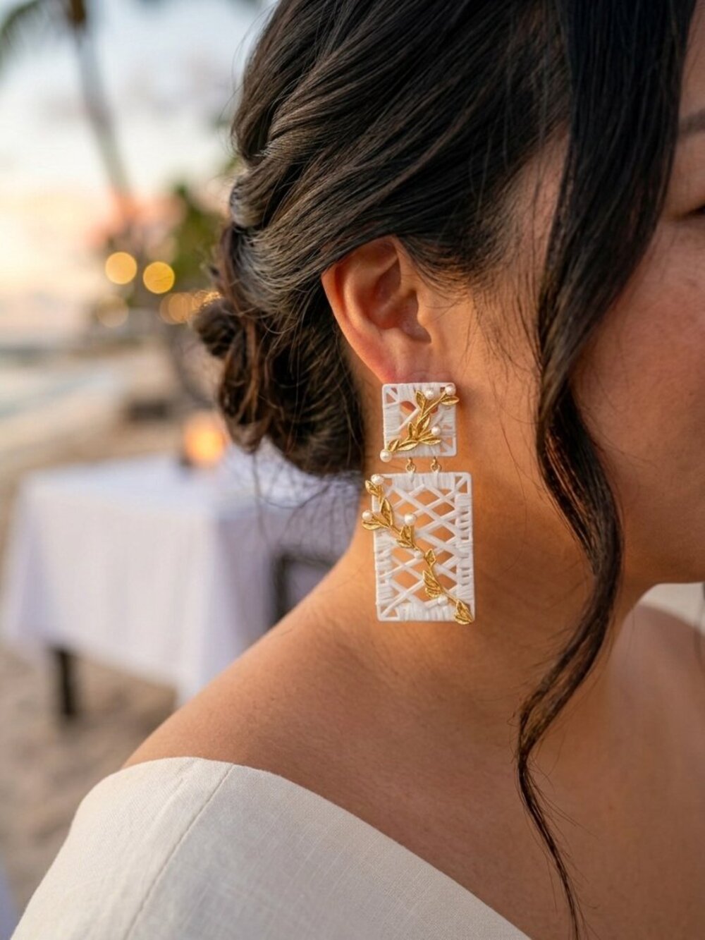 Tuckernuck Gold Gracen Gold Vine White Woven Statement Earrings Pearl Dangle